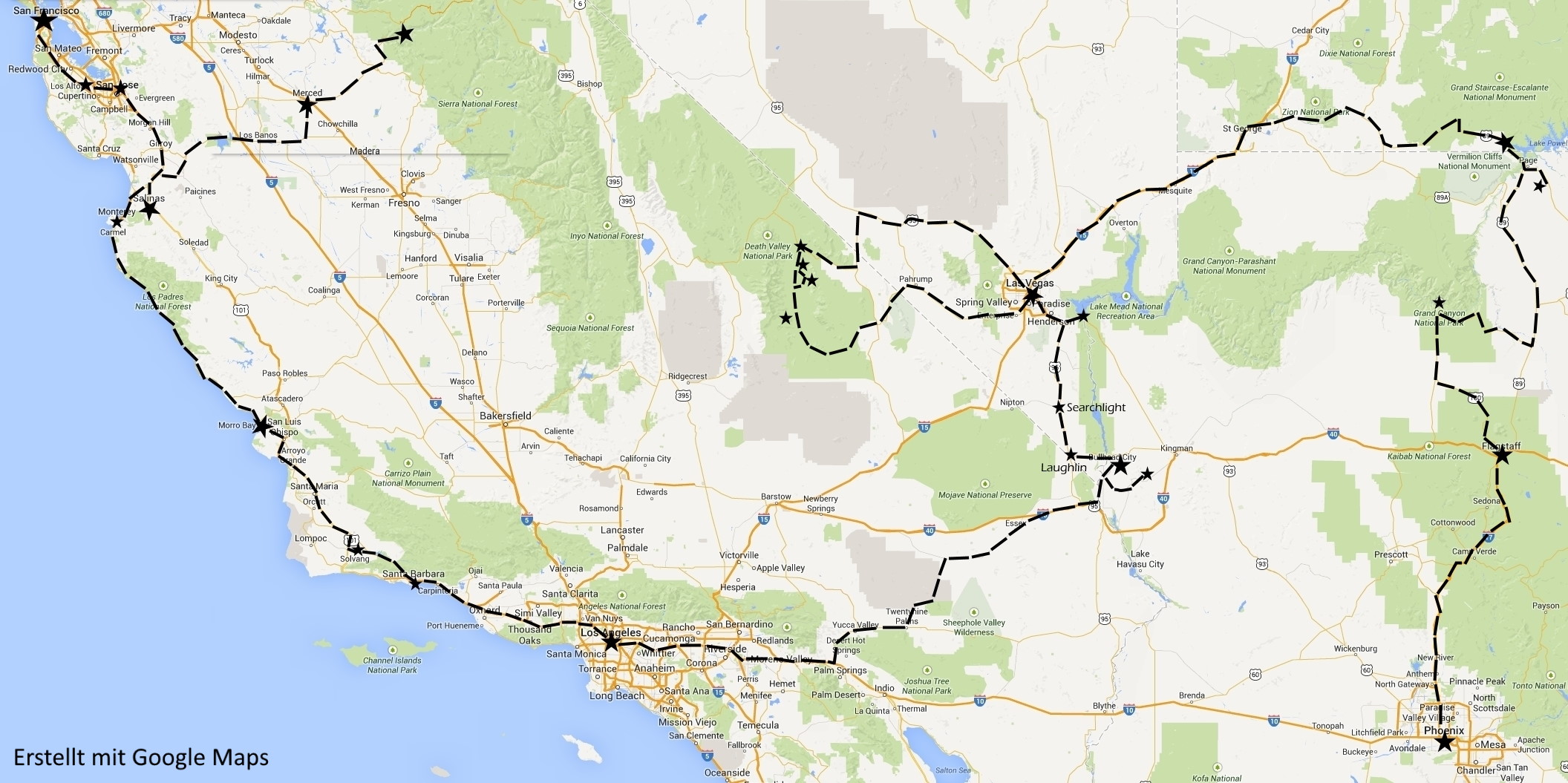 Mit Google Maps erstellte Route durch Amerika im Jahr 2014